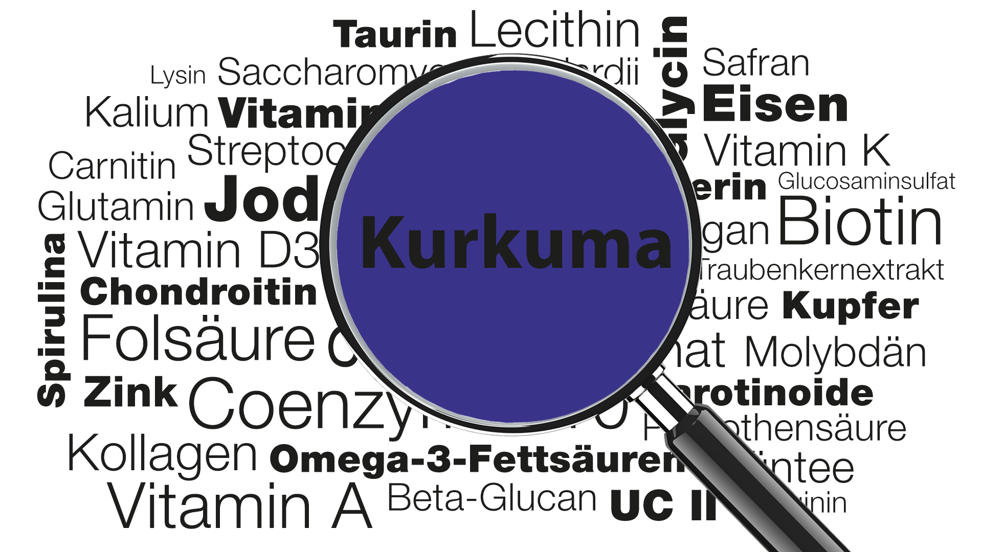 Lupe mit Wort Kurkuma im Fokus » Wissenswertes zu Funktionen, Anwendungsgebieten uvm. | Burgerstein Foundation