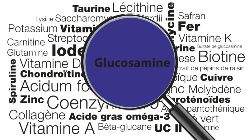 Loupe focalisée sur le mot Glucosamine sur fond bleu foncé