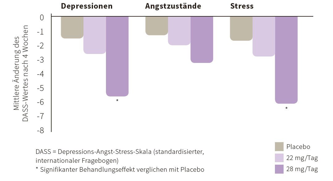 Wirksamkeit von Safran bezogen auf die Reduktionen von Depression, Ängstlichkeit und Stress anhand der DASS-Skala » Balkendiagramm