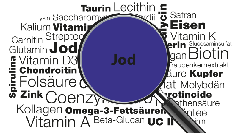 Lupe mit Wort Jod im Fokus » Wissenswertes zu Funktionen, Anwendungsgebieten, Mangel, Lebensmittelquellen uvm.