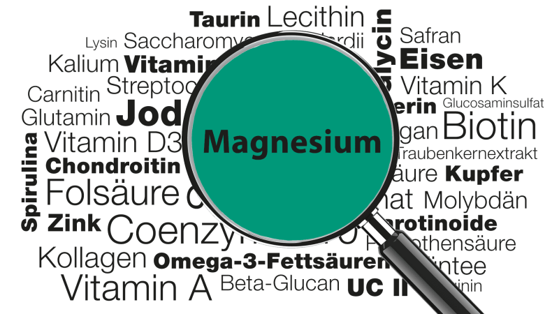 Lupe mit Wort Magnesium im Fokus » Wissenswertes zu Funktionen, Anwendungsgebieten, Mangel, Lebensmittelquellen uvm.