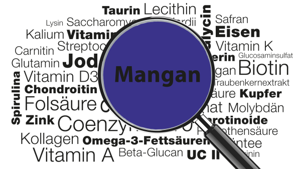 Lupe mit Wort Mangan im Fokus &raquo; Wissenswertes zum Spurenelement Mangan | Burgerstein Foundation