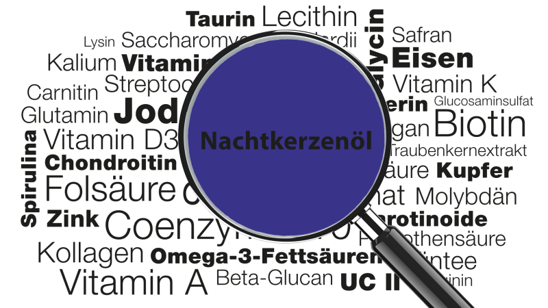 Lupe mit Wort Nachtkerzenöl im Fokus » Wissenswertes zu Funktionen, Anwendungsgebieten, Mangel, Lebensmittelquellen uvm.
