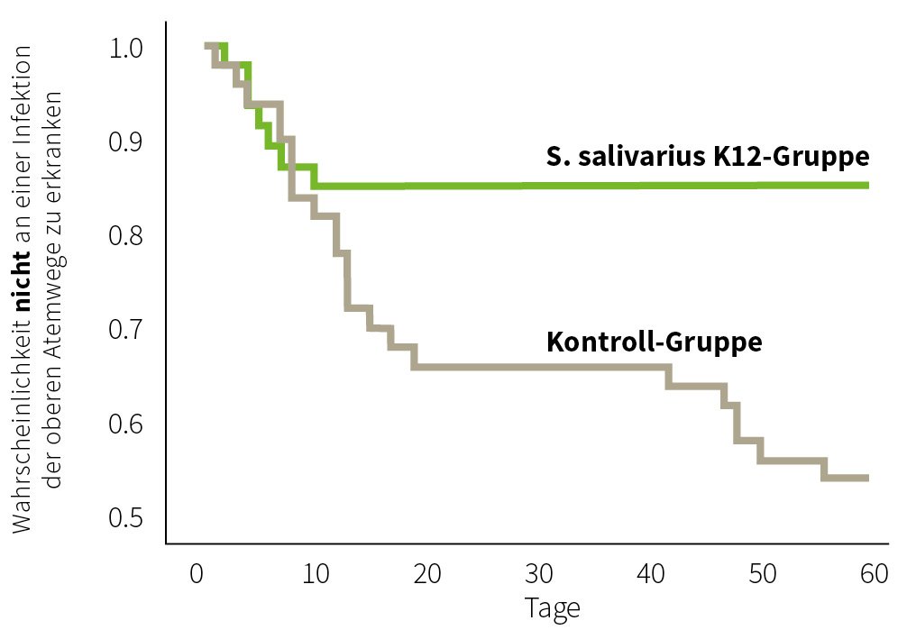 Grafik, die aufzeigt, dass mit der Einnahme von S. salivarius K12 die Wahrscheinlichkeit erhöht ist, gesund durch den Winter zu kommen.