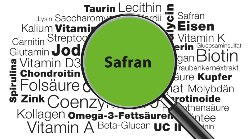Lupe mit Wort Safran im Fokus » Wissenswertes zu Wirkung, Anwendungsgebieten, Zufuhrempfehlung uvm.