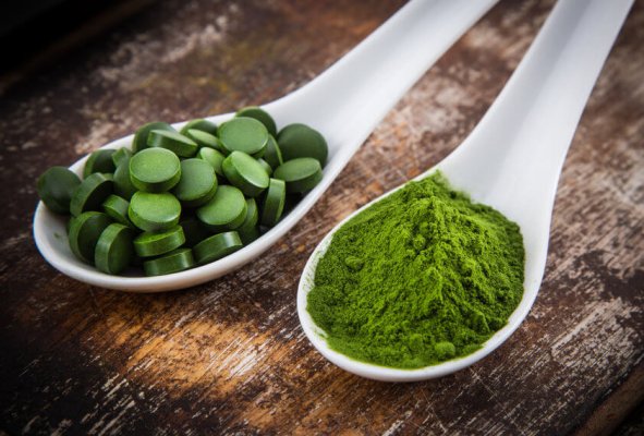 Spirulina als Pulver und Tablette auf einem weissen L&ouml;ffel