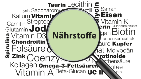 Lupe mit Wort N&auml;hrstoffe &raquo; N&auml;hrstofflexikon zu Einsatzgebieten, Funktionen &amp;amp; Zufuhrempfehlungen der einzelnen N&auml;hrstoffe| Burgerstein Foundation