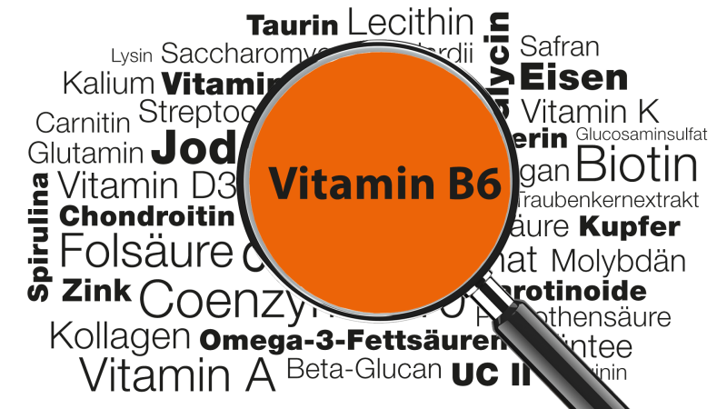 Lupe mit Wort Vitamin B6 im Fokus » Wissenswertes zu Funktionen, Anwendungsgebieten, Mangel, Lebensmittelquellen uvm.