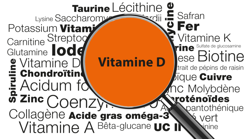 Loupe focalisée sur le mot vitamine D