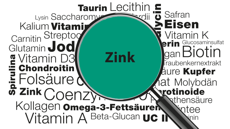 Lupe mit Wort Zink im Fokus » Wissenswertes zu Funktionen, Anwendungsgebieten, Mangel, Lebensmittelquellen uvm.